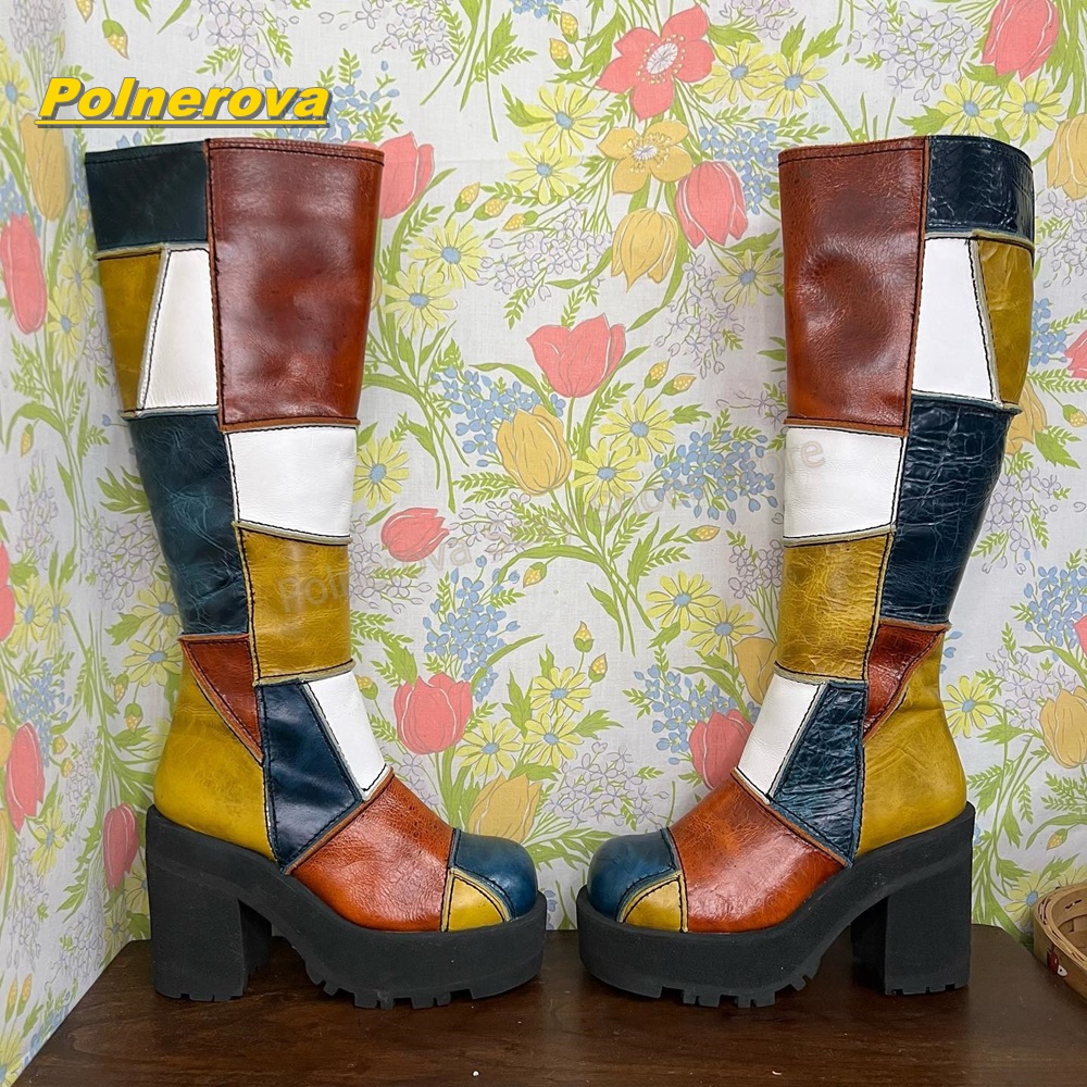 Vintage Fashion Streetwear - Women Retro Patchwork Leather Knee High