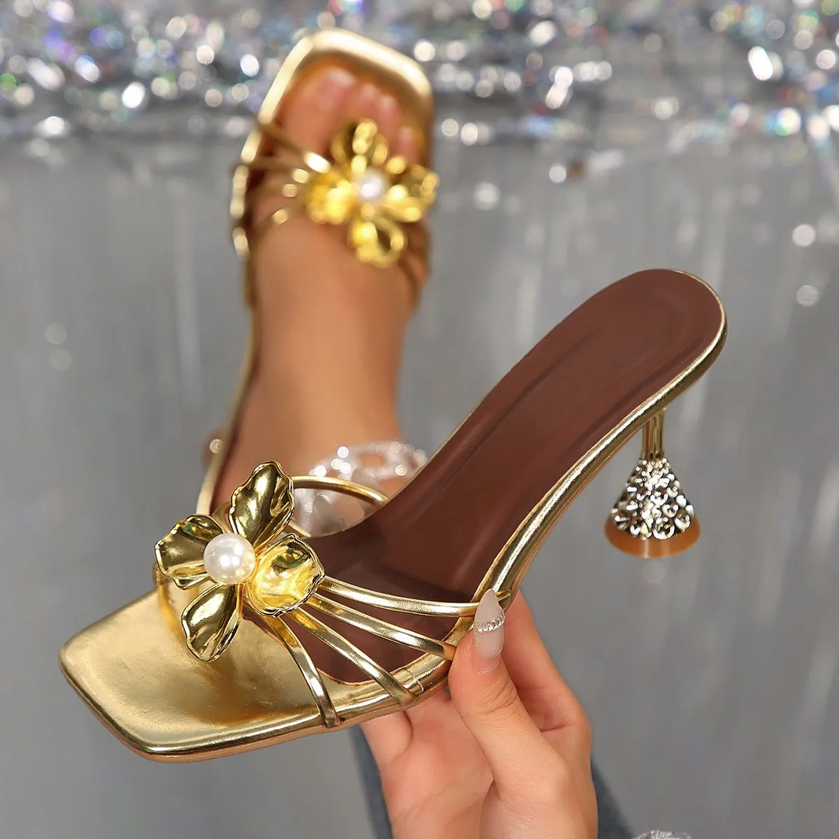 Vintage Fashion Heels - Vintage Metal Flower Crystal Cone Heel