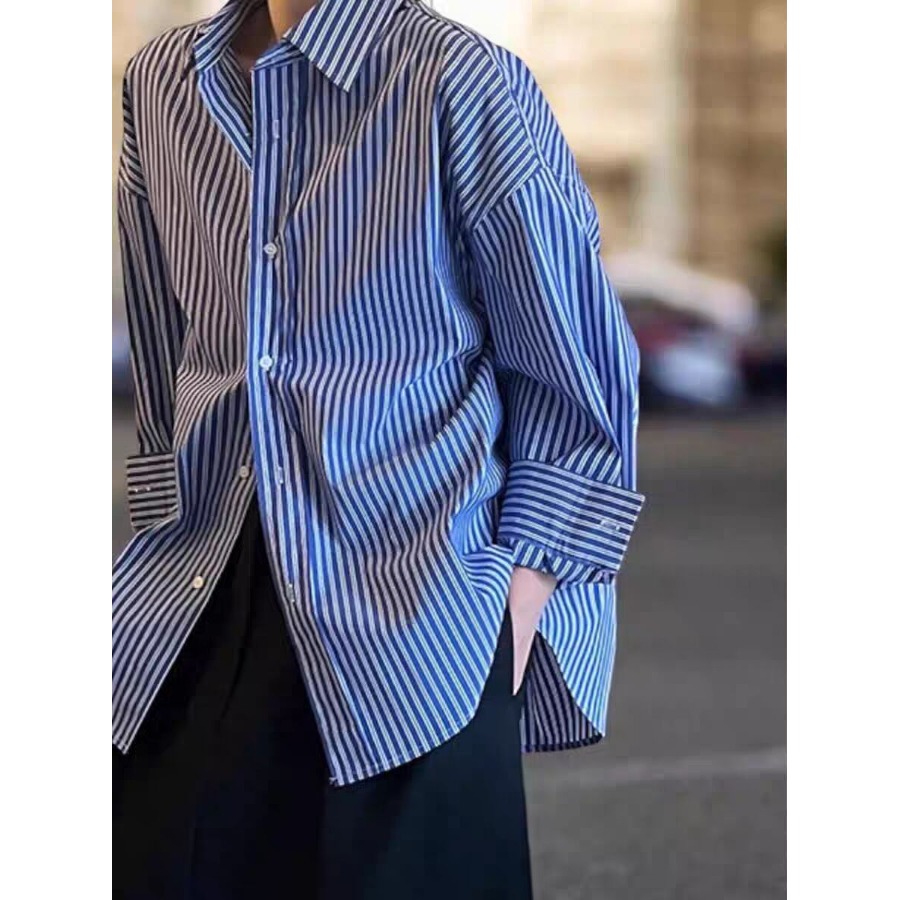 Blue Striped Loose Long Sleeve - огляд і ціна Vintage Fashion Hong Kong